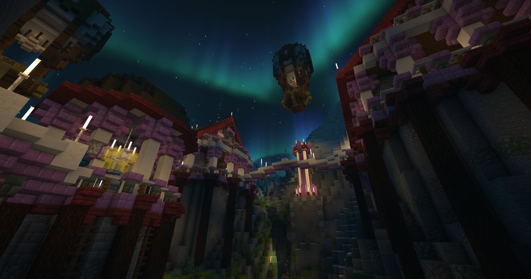 A player-built town beside the water in Silver Springs Survival