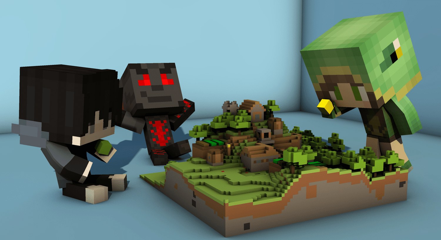 Minecraft characters of Silver Springs founders Wolfwoodnyo, Merlin, and Kanrilla
